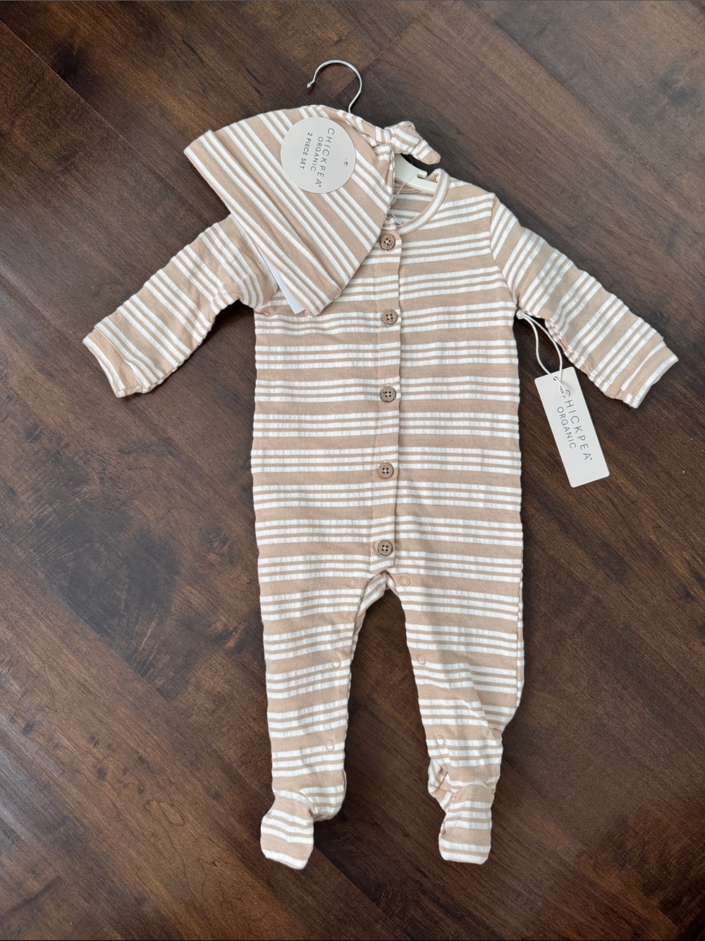 chick pea Beige & White Striped Footed Baby Romper with Hat